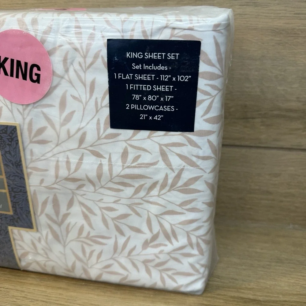 WILLIAM MORRIS KING Cotton Percale Sheet Set Leaf Plaster Tan Floral Cottage